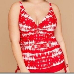 CACIQUE Tankini Top Swim Tie Dye Red White 46DD